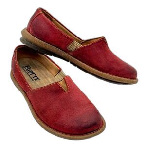 Born Tropi Loafer Flats Suede Slip On Red Leather Shoes Womens Size US 6 EU 36.5